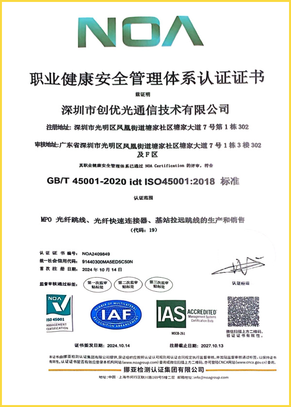 職業(yè)健康安全管理體系認證證書